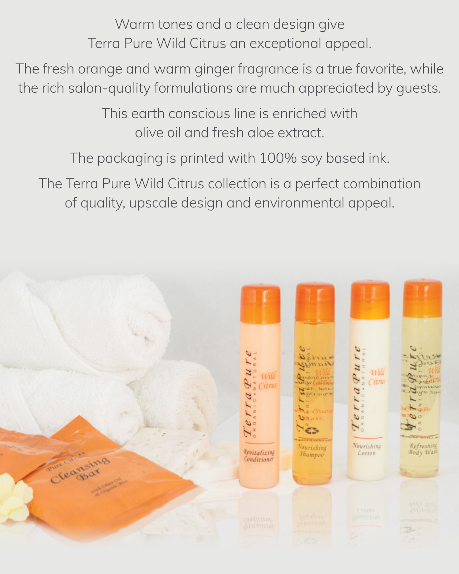 Environmentally friendly Terra Pure Wild Citrus orange and ginger scented hotel amenities by Diversified Hospitality Solutions